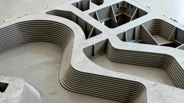 Medium shot showing variable geometry 3D printed formwork adapting curves and angles for customized architectural concrete pouring.