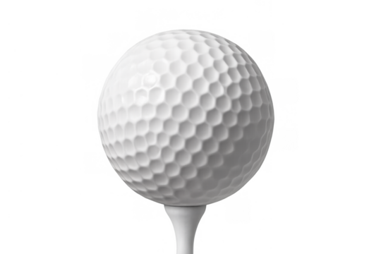 Golf ball resting on a white tee, getting ready for the start of a game on transparent background