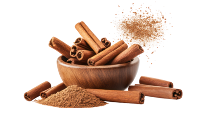 Wooden bowl filled with cinnamon sticks and ground cinnamon isolated on transparent background