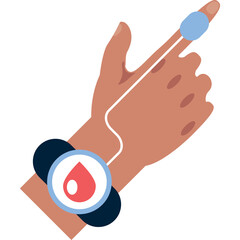 Brown Skinned Hand Wearing Digital Health Monitor With Finger Sensor And Heart Rate Display Showing Red Drop Icon