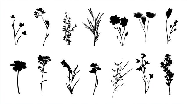 wild flower silhouettes collection black on white minimal vector design