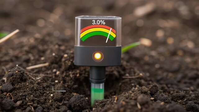 Soil moisture sensor measuring water content in dark soil for agriculture irrigation pumps system efficiency and healthy crop growth measurement