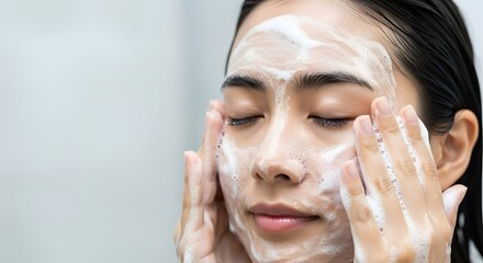 Young Asian Woman Washing Face with Cleansing Foam Beauty Skincare Routine