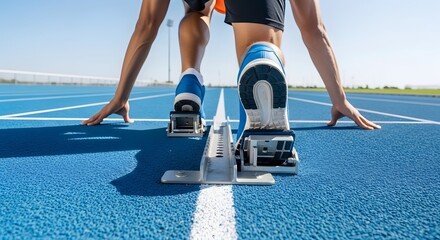 Sprinter Runner Athlete Ready to Start Race on Blue Track in Starting Block