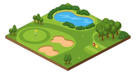 An isometric vector illustration of a golf course section featuring a putting green with a flag, sand bunkers, a blue water hazard, and dense trees on a square terrain block with brown soil edges