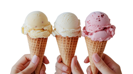 Three ice cream cones held by hands isolated on transparent background