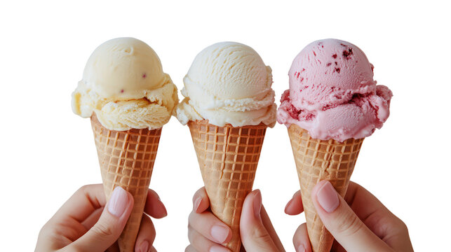 Three ice cream cones held by hands isolated on transparent background
