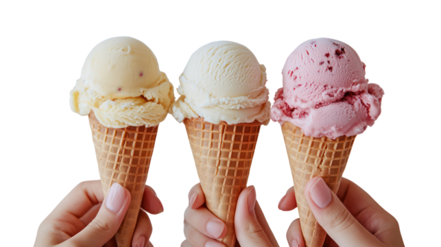 Three ice cream cones held by hands isolated on transparent background