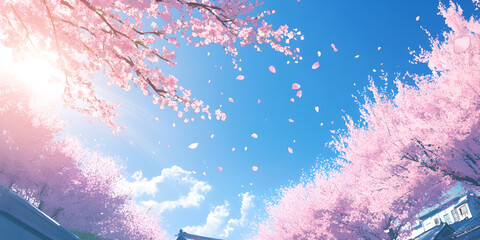 Cherry Blossom Trees with Blue Sky and Falling Petals