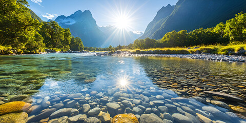 Crystal Clear Mountain Lake with Rocky Shore and Sunrise