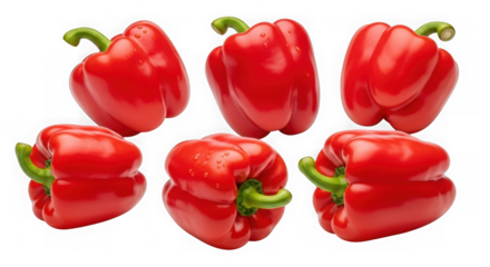 Six fresh red bell peppers with water droplets isolated on transparent background