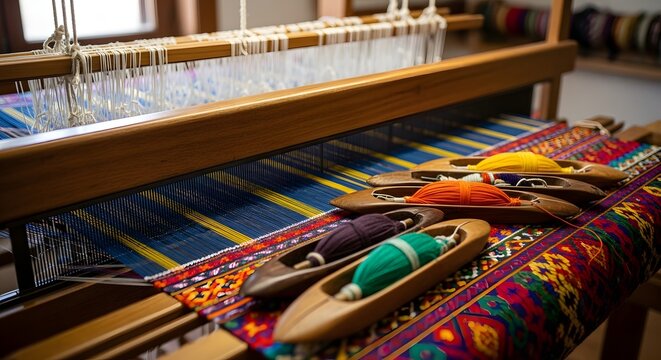 A close-up view of a traditional wooden loom with colorful threads and shuttles, showcasing the intricate weaving process.
