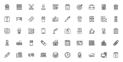 Workplace icon set. Office vector icons collection. ncludes symbols for desk, aptop, printer, email, calndar, presentation, coffeecup and more. Editable strke.