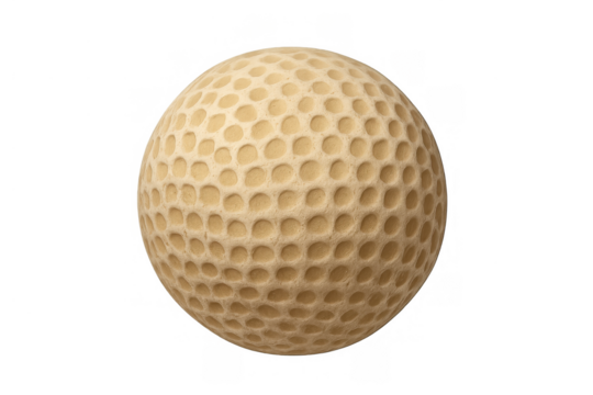 Beige, textured golf ball with dimples isolated on a transparent background, representing sports, leisure, golf equipment, and a classic look