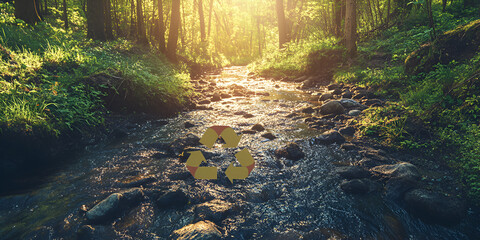 Recycling Symbol Over River in Forest with Sunlight