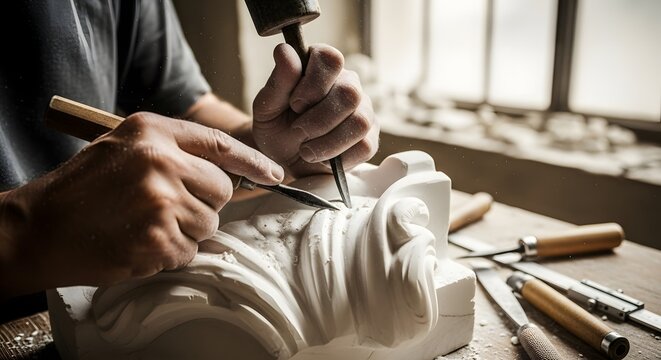 A sculptor meticulously carves intricate details into a white stone sculpture with chisels and a hammer.