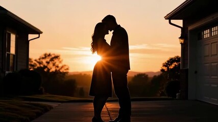 First time homebuyer loan concept. Couple Shares Romantic Silhouette Sunset Between Houses Driveway, Capturing Love and Dream of First Time Homebuyer