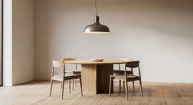 Warm minimalist dining room featuring round wooden table, chairs, and pendant lamp.