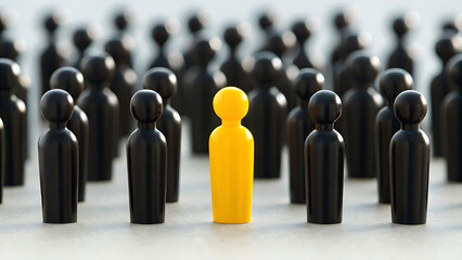Bold leadership stands out from the crowd, a yellow figure among black, symbolizing individuality, uniqueness, and standing out in a team setting for business