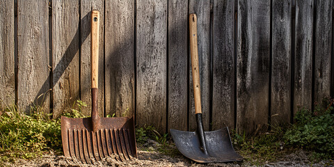 Garden Shovel and Rake Leaning Against Wooden Fence