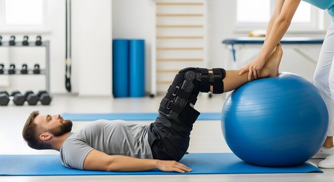 Man with Knee Brace Doing Leg Exercise on Stability Ball Physical Therapy Rehabilitation