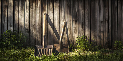 Garden Shovel and Rake Leaning Against Wooden Fence