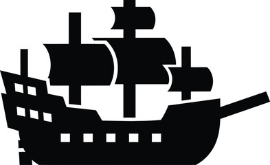 Pirate ship silhouette icon, vintage sailing vessel vector, black galleon with sails, nautical symbol, simple flat illustration on white background​