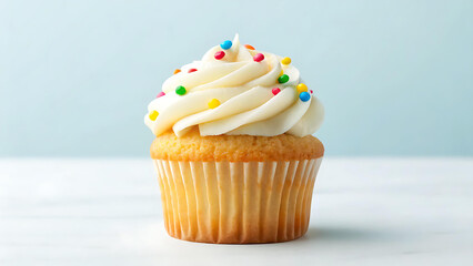 Delicious cupcake with creamy frosting and colorful sprinkles ready for a birthday party or bake sale, a sweet treat for a special occasion