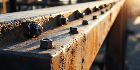 Rusty Metal Beam with Bolts in Warm Sunset Light