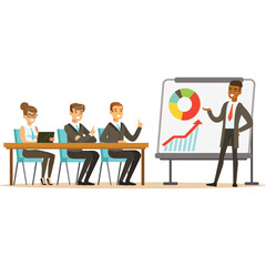 Business Meeting Presentation With Diverse Team Analyzing Growth Chart On Whiteboard In Bright Office Setting With White Background