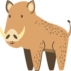 Brown Warhog With Tusk Standing In A Simple Illustration With Transparent Background