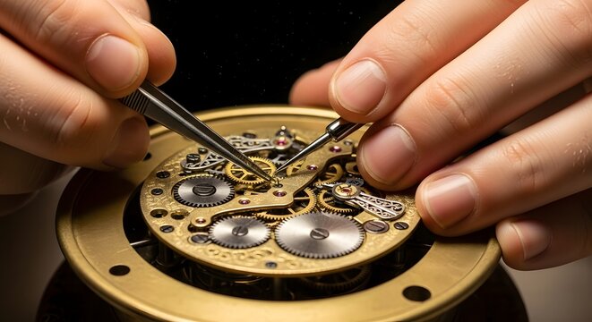Close-up of a watchmaker meticulously assembling a complex mechanical watch movement with precision tools.