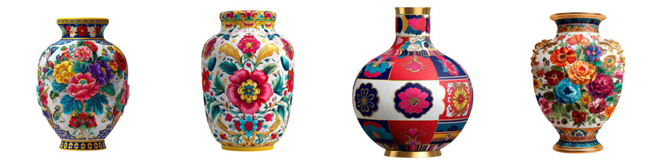 Exquisite collection of decorative vases with vibrant floral designs, perfect for adding a touch of elegance and charm to any interior space or artistic project