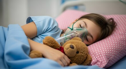 Sick Little Girl Sleeping in Hospital Bed Wearing Oxygen Mask Holding Teddy Bear
