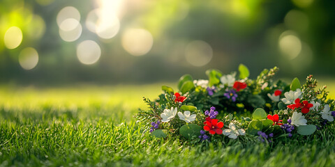 Floral Wreath flowers on Green Grass in Morning Sunlight