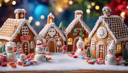 Naklejka premium A whimsical gingerbread village with snowmen and candy canes, bathed in warm holiday lights. Generative AI
