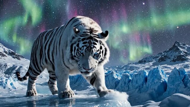 A powerful white tiger with glowing eyes stalks across a frozen, icy landscape under the magical aurora borealis night sky