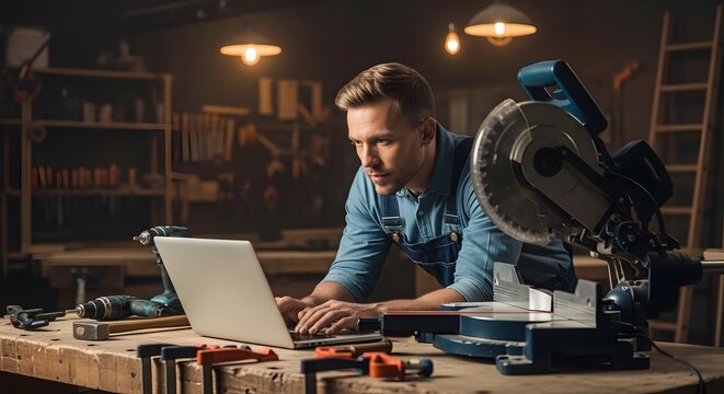 Skilled Carpenter Managing Business on Laptop Computer in Woodworking Workshop