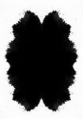 Abstract black ink blot on white paper, forming an ambiguous, symmetrical design, inviting subjective interpretation and psychological analysis ,isolated ,background ,inkblot