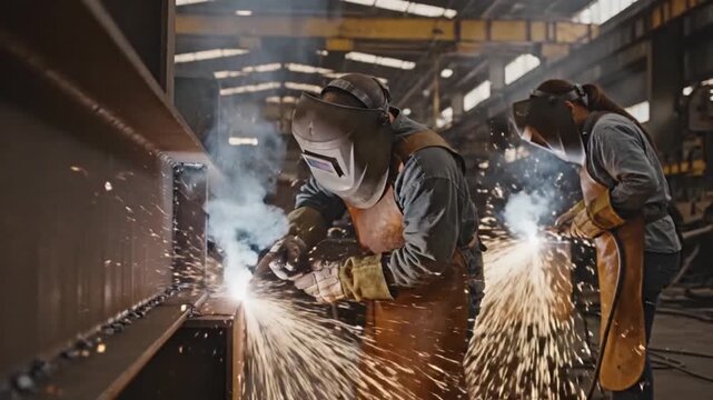 Industrial workers diligently performing welding tasks in a bright, busy factory setting