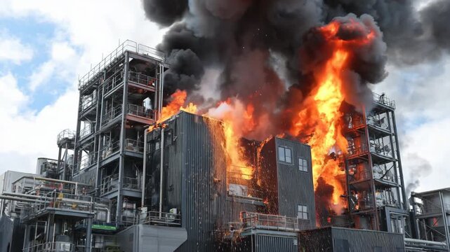 Industrial gasification chamber with visible steam and controlled combustion converting toxic waste materials into sustainable energy sources.
