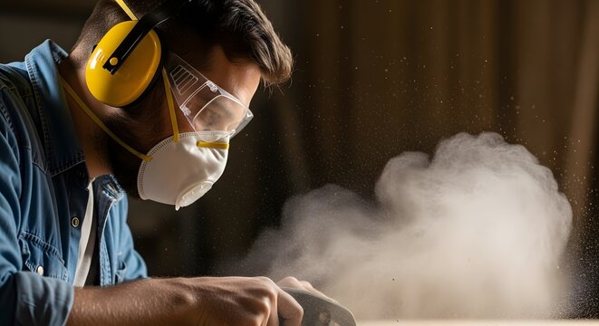 Carpenter Wearing Safety Gear Sanding Wood Generating Dust in Workshop Environment