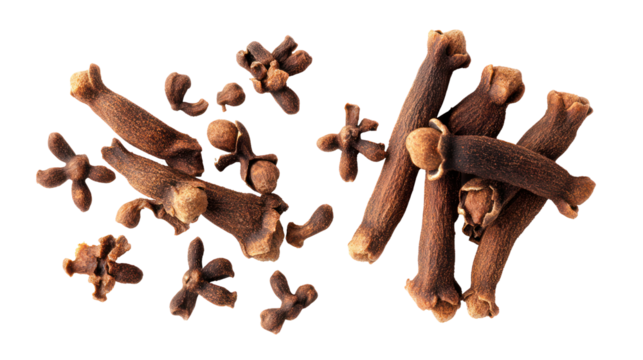 A pile of dried cloves spice isolated on transparent background