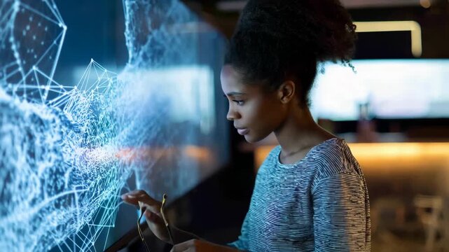 Medium shot of office worker adjusting smart lighting system via touchscreen panel for personalized brightness and energy saving.