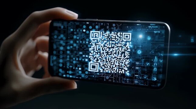 Hand Holding Smartphone Displaying QR Code and Digital Elements with ai generated