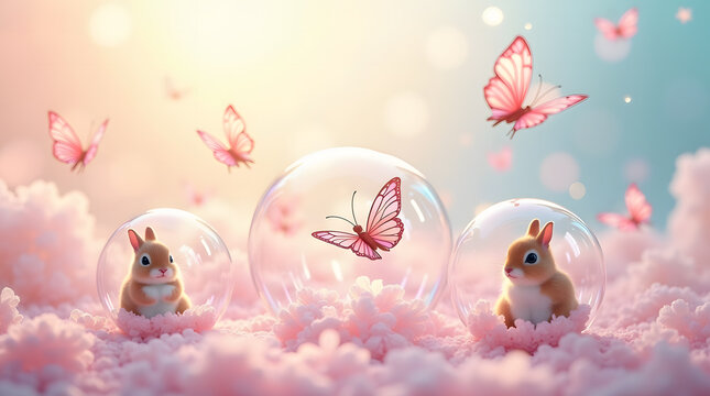 Two adorable bunnies in bubbles floating on pink flowers with butterflies flying above