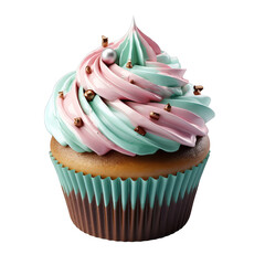 A Delicious Cupcake With Swirled Pink and Teal Frosting Decorated With Sprinkles Isolated on a Transparent Background