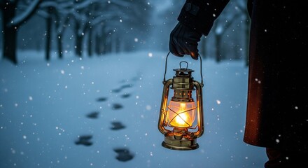 Person Walks Through Snowy Forest, Carrying a Lantern Guiding the Way