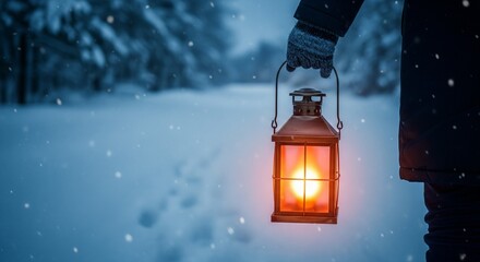 Person holding lantern on a snowy path in a forest