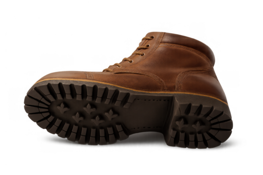 Brown leather work boot with a rugged sole, useful for hiking and outdoor activities, on a transparent background
